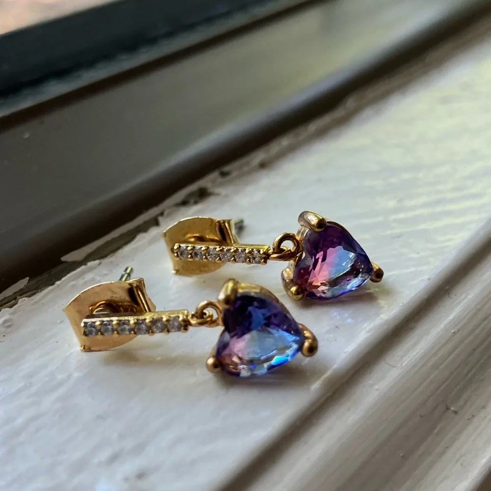Small blue/pink/purple CZ heart drop earrings (originally $30 on Etsy) - Picture 4 of 6